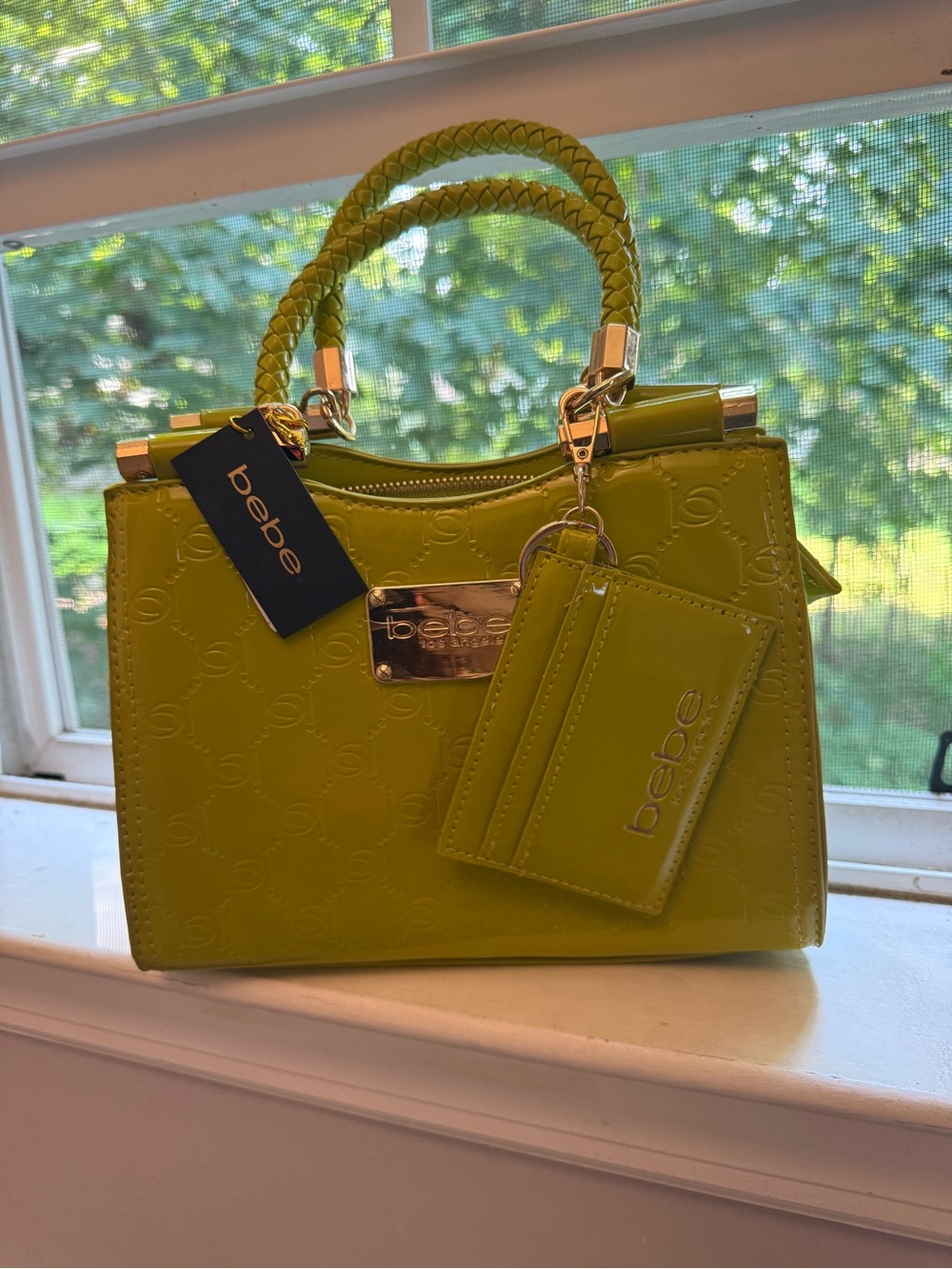 bebe lime patent braided-handle satchel with cardholder retail $109 fancy bag - Picture 3 of 12